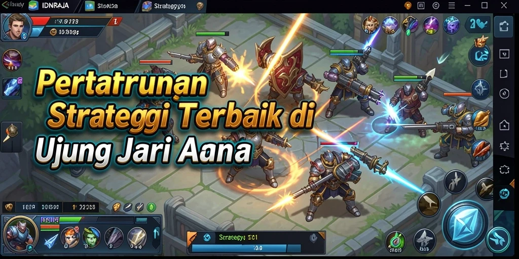 Antarmuka permainan IDNRAJA dengan berbagai strategi dan karakter.