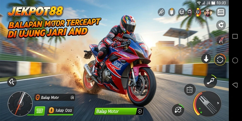 Antarmuka menarik JEKPOT88 saat balapan motor.